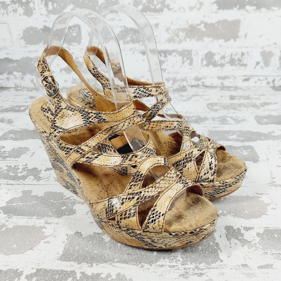 B.O.C.  Snakeskin Print Wedge Heel Buckle Ankle Strap Summer Sandals V446 - Picture 4 of 13